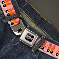 THE POWERPUFF GIRLS Animated Series Title Logo Full Color Black Seatbelt Belt - The Powerpuff Girls Blossom Face Close-Up Pink Webbing