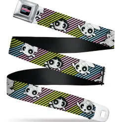 THE POWERPUFF GIRLS Animated Series Title Logo Full Color Black Seatbelt Belt - The Powerpuff Girls and Donny Stripe Black/Multi Pastel Webbing