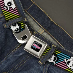 THE POWERPUFF GIRLS Animated Series Title Logo Full Color Black Seatbelt Belt - The Powerpuff Girls and Donny Stripe Black/Multi Pastel Webbing