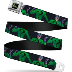 THE RIDDLER Title Log Full Color Black/Green Seatbelt Belt - DC Batman Villain The Riddler Pose Turns Black Webbing