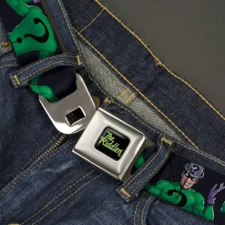 THE RIDDLER Title Log Full Color Black/Green Seatbelt Belt - DC Batman Villain The Riddler Pose Turns Black Webbing
