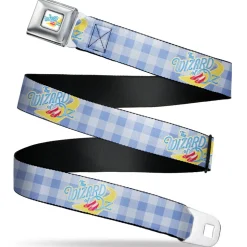 THE WIZARD OF OZ Logo Full Color White Seatbelt Belt - THE WIZARD OF OZ Logo Gingham Checker Blues Webbing