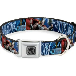 Thor Avengers Icon Silver/Black Seatbelt Buckle Collar - Avengers THOR Hammer/Action Pose Galaxy Blues/White