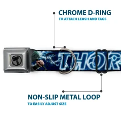 Thor Avengers Icon Silver/Black Seatbelt Buckle Collar - Avengers THOR Hammer/Action Pose Galaxy Blues/White