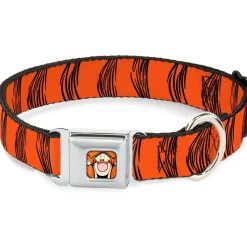 Tigger Face CLOSE-UP Full Color Orange Seatbelt Buckle Collar - Tigger Stripes Orange/Black