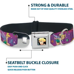 Tinker Bell CLOSE-UP Full Color Seatbelt Buckle Collar - Tinker Bell Poses/Flowers/Stars/Skull Purple