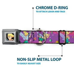 Tinker Bell CLOSE-UP Full Color Seatbelt Buckle Collar - Tinker Bell Poses/Flowers/Stars/Skull Purple