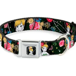 Tinker Bell Sketch Full Color Seatbelt Buckle Collar - Tinker Bell Poses/Sleeping Floral Collage