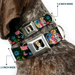 Tinker Bell Sketch Full Color Seatbelt Buckle Collar - Tinker Bell Poses/Sleeping Floral Collage