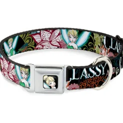 Tinker Bell Sketch Full Color Black Seatbelt Buckle Collar - Tinker Bell Floral Collage CLASSY AND SASSY