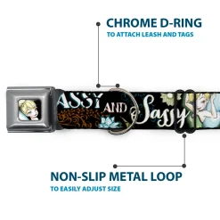 Tinker Bell Sketch Full Color Black Seatbelt Buckle Collar - Tinker Bell Floral Collage CLASSY AND SASSY