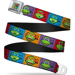 TMNT 8-Bit Full Color Greens/Multi Color Seatbelt Belt - Classic Teenage Mutant Ninja Turtles 8-Bit Face Blocks Multi Color Webbing