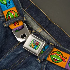 TMNT 8-Bit Full Color Greens/Multi Color Seatbelt Belt - Classic Teenage Mutant Ninja Turtles 8-Bit Face Blocks Multi Color Webbing