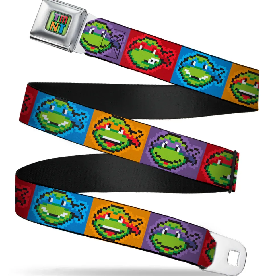 TMNT 8-Bit Full Color Greens/Multi Color Seatbelt Belt - Classic Teenage Mutant Ninja Turtles 8-Bit Face Blocks Multi Color Webbing
