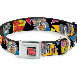 Tom and Jerry Logo Full Color Black Red Seatbelt Buckle Collar - TOM & JERRY Poses Black/Multi Color