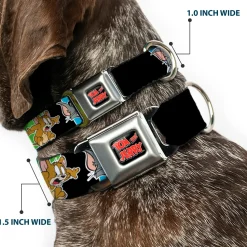 Tom and Jerry Logo Full Color Black Red Seatbelt Buckle Collar - TOM & JERRY Poses Black/Multi Color