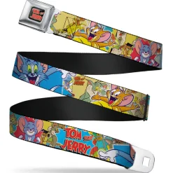 Tom and Jerry Logo Full Color Black Red Seatbelt Belt - TOM & JERRY Faces/Stacked Scene Panels Webbing