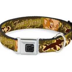 Tom and Jerry Logo Full Color Black Red Seatbelt Buckle Collar - TOM & JERRY Tom Chasing Jerry Houndstooth Browns