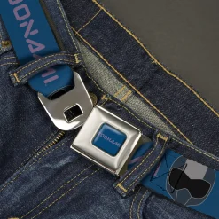 TOONAMI Title Logo Full Color Blue/Purple Seatbelt Belt - TOONAMI Title Logo and Robot TOM Head Blue/Purple/Grays Webbing