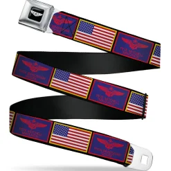 TOP GUN Title Logo Full Color Black/White Seatbelt Belt - Top Gun Maverick Goose and American Flag Patch Blocks Black Webbing