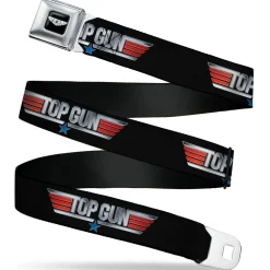 TOP GUN Title Logo Full Color Black/White Seatbelt Belt - TOP GUN Title Logo Black/Silver/Red/Blue Webbing