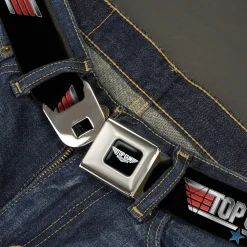 TOP GUN Title Logo Full Color Black/White Seatbelt Belt - TOP GUN Title Logo Black/Silver/Red/Blue Webbing