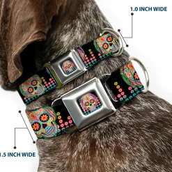 Tranquility Beats Calavera/Floral Equalizer Full Color Black/Multi Color Seatbelt Buckle Collar - Tranquility Beats Calaveras/Floral Equalizer Black/Multi Color