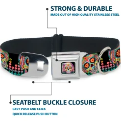 Tranquility Beats Calavera/Floral Equalizer Full Color Black/Multi Color Seatbelt Buckle Collar - Tranquility Beats Calaveras/Floral Equalizer Black/Multi Color