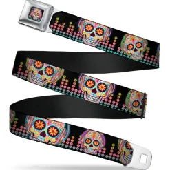 Tranquility Beats Calavera/Floral Equalizer Full Color Black/Multi Color Seatbelt Belt - Tranquility Beats Calaveras/Floral Equalizer Black/Multi Color Webbing