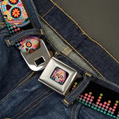 Tranquility Beats Calavera/Floral Equalizer Full Color Black/Multi Color Seatbelt Belt - Tranquility Beats Calaveras/Floral Equalizer Black/Multi Color Webbing