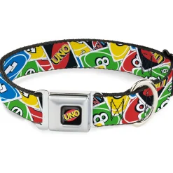 UNO Game Logo Full Color Black/Red/Yellow Seatbelt Buckle Collar - UNO Cards Stacked Collage Multi Color