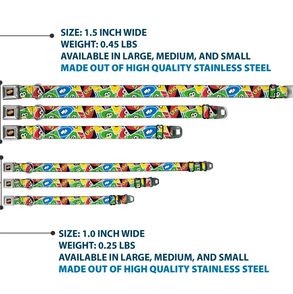 UNO Game Logo Full Color Black/Red/Yellow Seatbelt Buckle Collar - UNO Cards Stacked Collage Multi Color