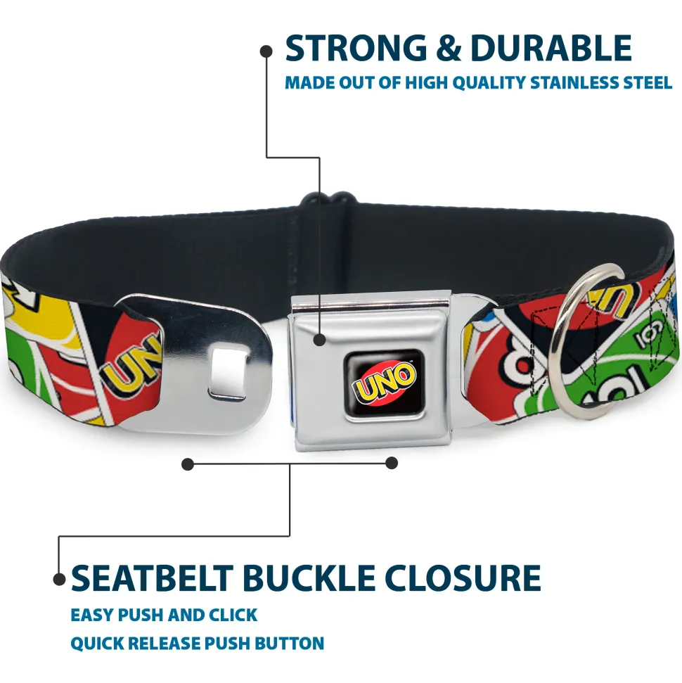 UNO Game Logo Full Color Black/Red/Yellow Seatbelt Buckle Collar - UNO Cards Stacked Collage Multi Color
