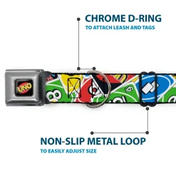 UNO Game Logo Full Color Black/Red/Yellow Seatbelt Buckle Collar - UNO Cards Stacked Collage Multi Color