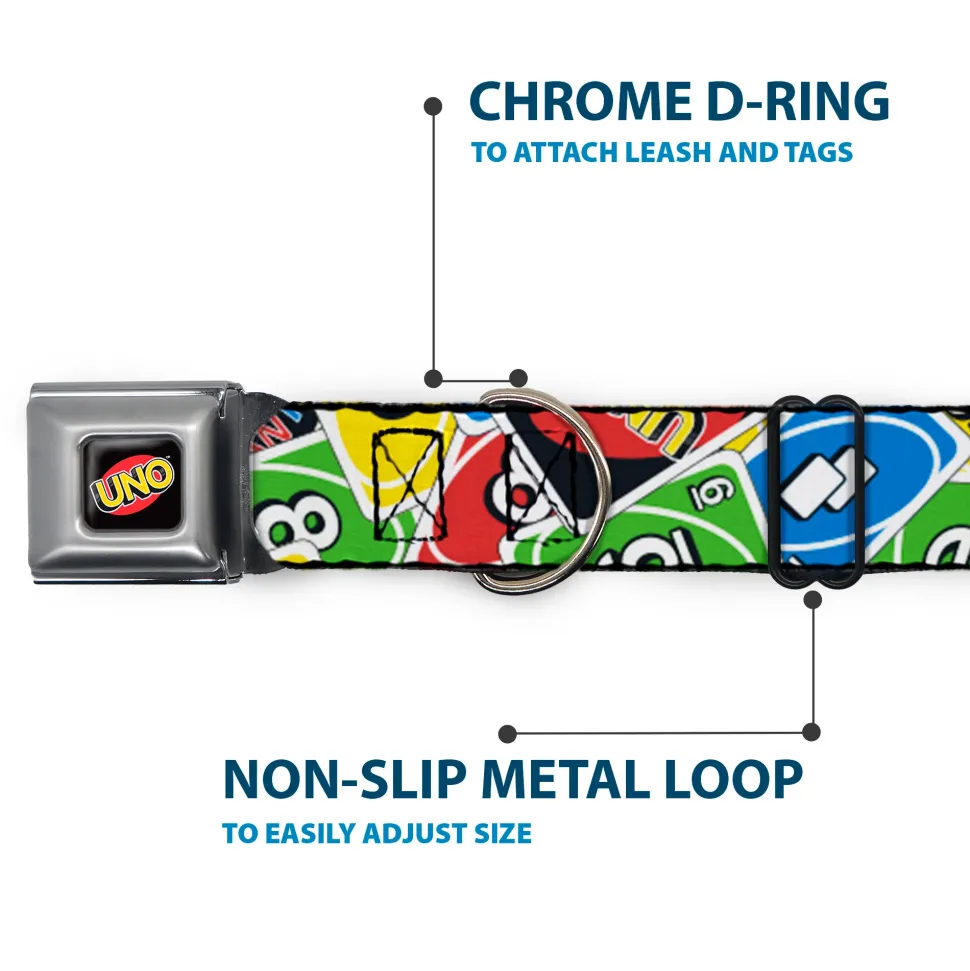 UNO Game Logo Full Color Black/Red/Yellow Seatbelt Buckle Collar - UNO Cards Stacked Collage Multi Color