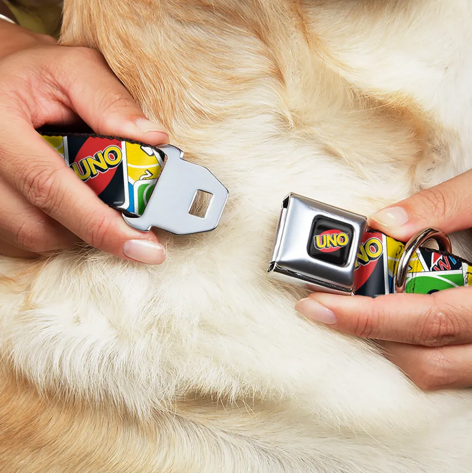 UNO Game Logo Full Color Black/Red/Yellow Seatbelt Buckle Collar - UNO Cards Stacked Collage Multi Color