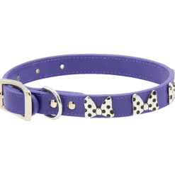 Vegan Leather Dog Collar - Disney Purple PU w Silver Cast Minnie Mouse Bow Embellishments and Charm