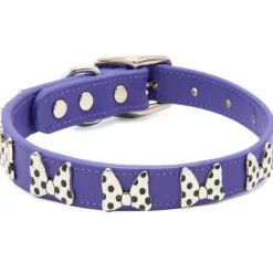 Vegan Leather Dog Collar - Disney Purple PU w Silver Cast Minnie Mouse Bow Embellishments and Charm