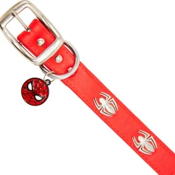 Vegan Leather Dog Collar - Spider-Man Red with Spider Embellishments & Metal Charm