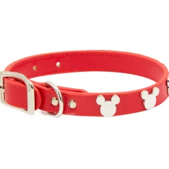 Vegan Leather Dog Collar - Disney Red PU w Silver Cast Mickey Mouse Head Icon Embellishments and Charm