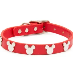 Vegan Leather Dog Collar - Disney Red PU w Silver Cast Mickey Mouse Head Icon Embellishments and Charm