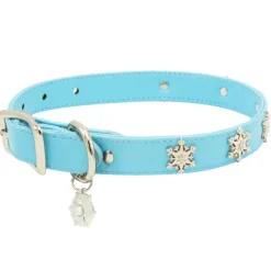 Vegan Leather Dog Collar - Frozen 2 Light Blue PU w Snowflake Embellishments & Metal Charm