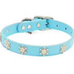 Vegan Leather Dog Collar - Frozen 2 Light Blue PU w Snowflake Embellishments & Metal Charm