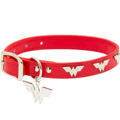 Vegan Leather Dog Collar - Wonder Woman Red with WW Icon Embellishments & Metal Charm