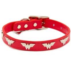 Vegan Leather Dog Collar - Wonder Woman Red with WW Icon Embellishments & Metal Charm