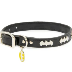 Vegan Leather Dog Collar - Batman Black with Bat Signal Embellishments & Metal Charm