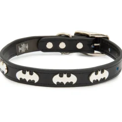 Vegan Leather Dog Collar - Batman Black with Bat Signal Embellishments & Metal Charm