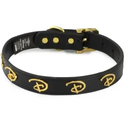 Vegan Leather Dog Collar - Disney Black PU w Gold Cast Signature D Logo Embellishments