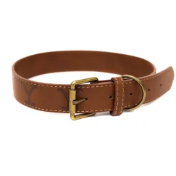 Vegan Leather Dog Collar - Yellowstone Dutton Ranch Logo Debossed Brown PU Leather