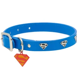 Vegan Leather Dog Collar - Superman Blue with Shield Embellishments & Metal Charm